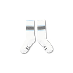 White#A pair of white crew socks with a gray horizontal stripe and thin light blue accent stripes near the cuff, displayed on a clean white background.