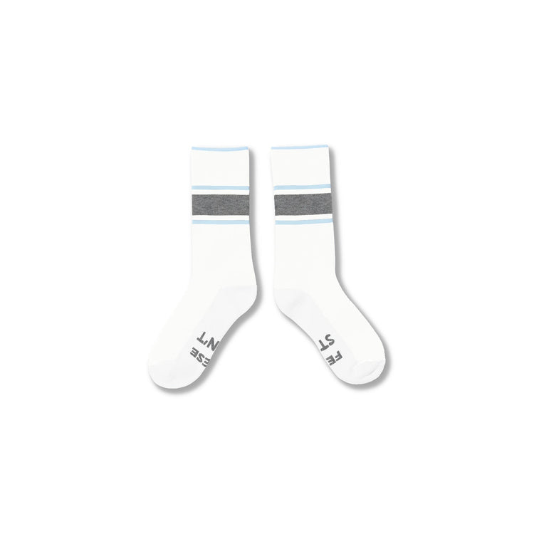 A pair of white crew socks with a gray horizontal stripe and thin light blue accent stripes near the cuff, displayed on a clean white background.