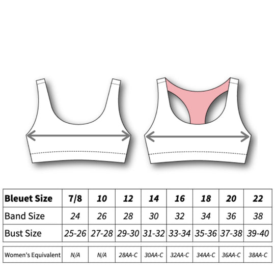 Black and white illustration of Bleuet Aster organic girls tank bra and Aster Organic racerback sports bra. Our Aster bras range from size 8 girls first bra to size 22 teen bras with support from AA - C cups.