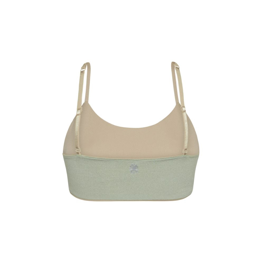 Sand-Sherbert#Close-up view of back of green Bleum Active Bra with crisscross straps