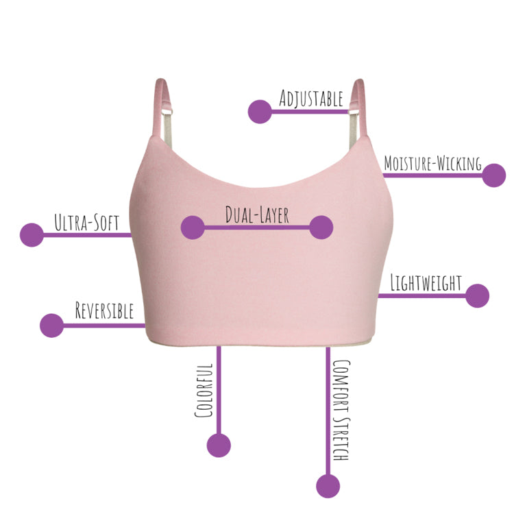 Photo of an ultra-soft and seamless pink Bleuet Bleum girls first bras highlighting the key features of our styles. 