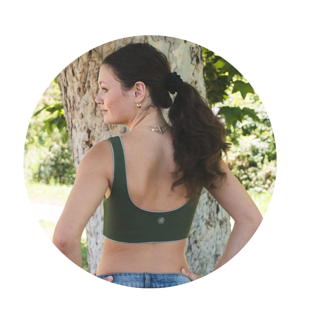 Mist-Moss#A moss green Aster Organic Tank Bra from Bleuet, back view of teen girl.