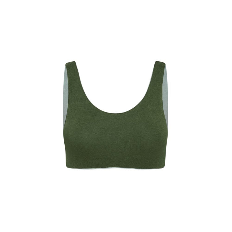 A moss green Aster Organic Tank Bra from Bleuet, front view