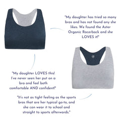 Grey-Lake#Side-by-side images of gray and dark blue racerback bras with customer reviews praising their comfort and fit.