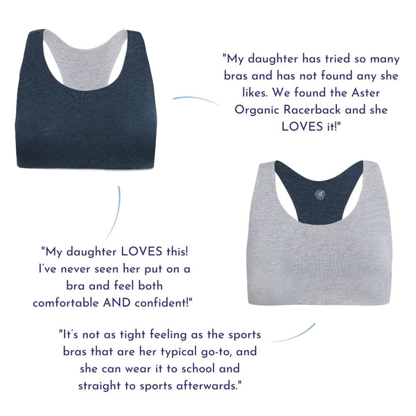 Side-by-side images of gray and dark blue racerback bras with customer reviews praising their comfort and fit.