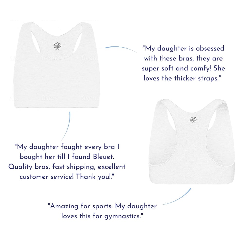 White-White#Side-by-side images of white racerback bras with customer reviews praising their comfort and fit.