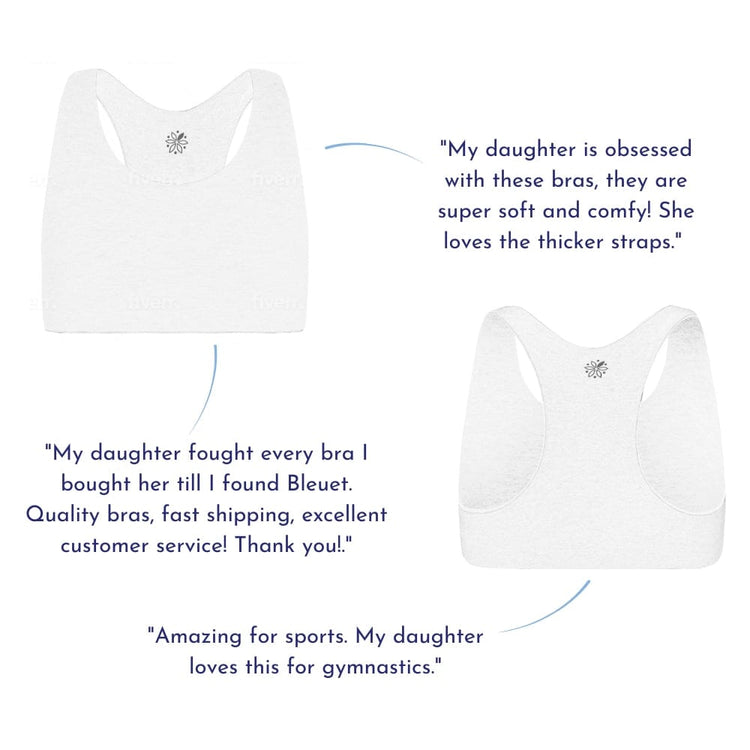 White-White#Side-by-side images of white racerback bras with customer reviews praising their comfort and fit.