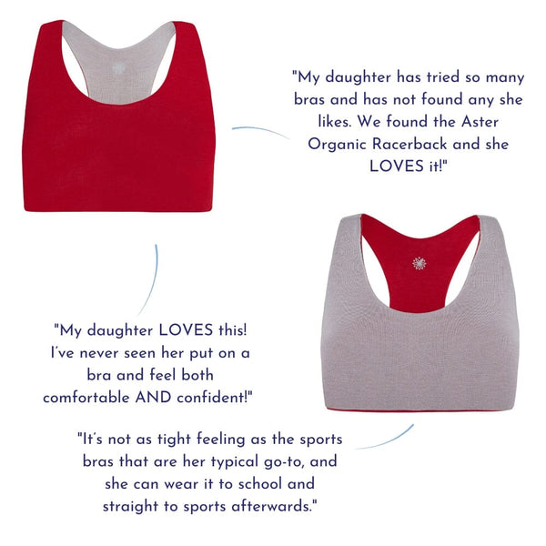 Side-by-side images of red and gray racerback bras with customer reviews praising their comfort and fit. 
