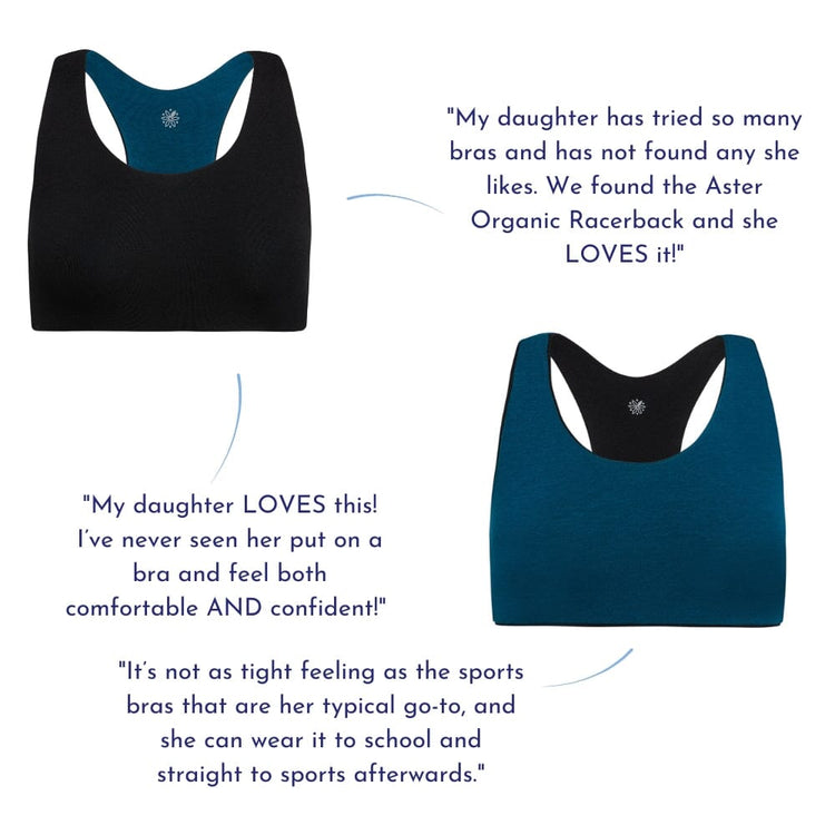 Black-Teal#Side-by-side images of black and blue racerback bras with customer reviews praising the comfort and fit of the bras.