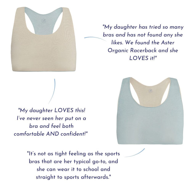 Sand-Mist#Side-by-side images of beige and light blue racerback bras with customer reviews praising their comfort and fit.