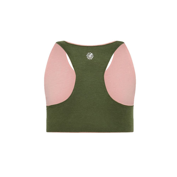 Rose-Moss#Back view of a green racerback bra sports bra