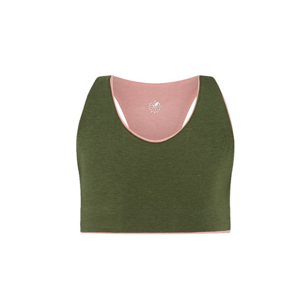 Rose-Moss#Front view of a green racerback bra sports bra