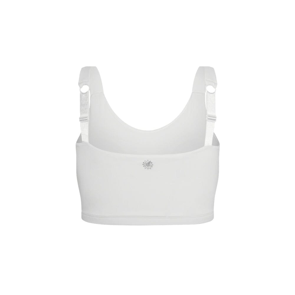 White#A white sports bra with adjustable shoulder straps and a small silver geometric logo on the center chest, shown against a plain white background.