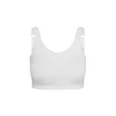 White#A white sports bra with wide shoulder straps and adjustable side straps, shown against a plain white background.