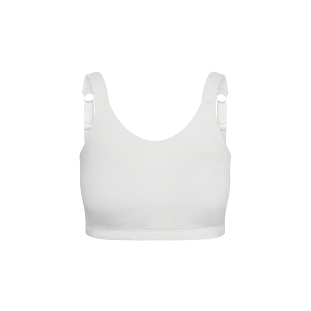 White#A white sports bra with wide shoulder straps and adjustable side straps, shown against a plain white background.