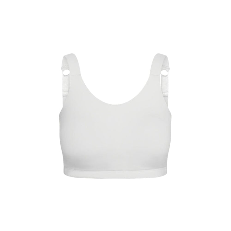 A white sports bra with wide shoulder straps and adjustable side straps, shown against a plain white background.