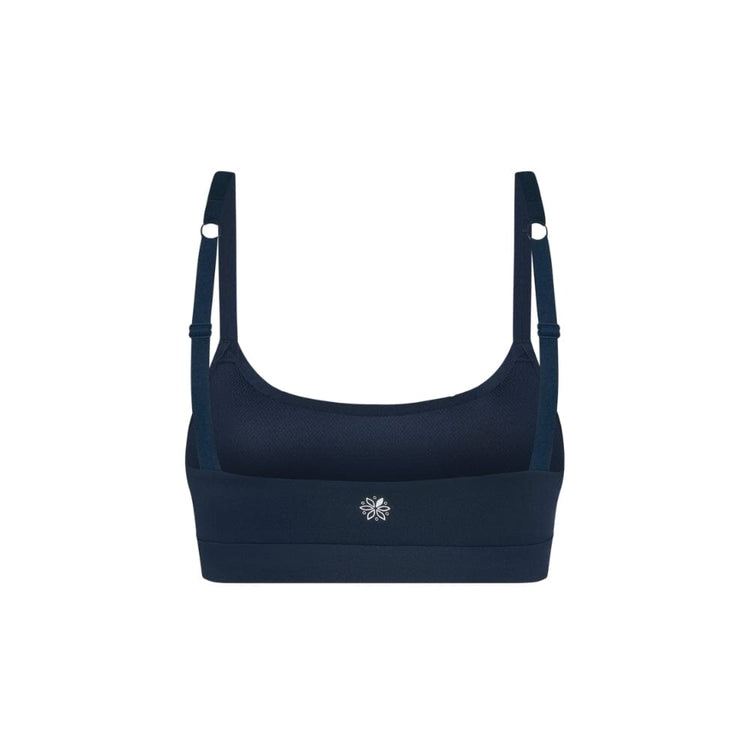 Navy teen sports bra with thin straps on a white background