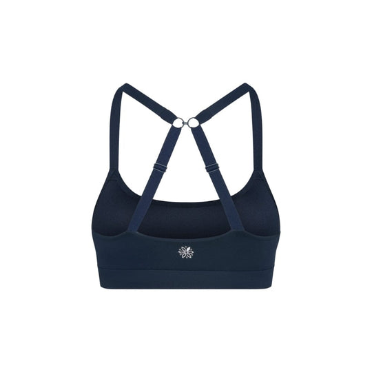 Navy#Navy teen sports bra with thin x-back straps on a white background from back