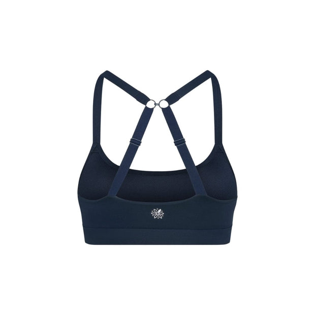 Navy#Navy teen sports bra with thin x-back straps on a white background from back