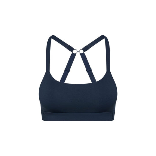 Navy#Navy teen sports bra with thin x-back straps on a white background from front