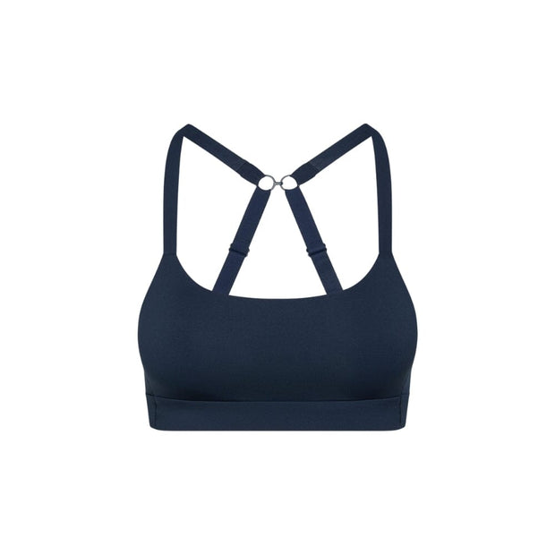 Navy#Navy teen sports bra with thin x-back straps on a white background from front