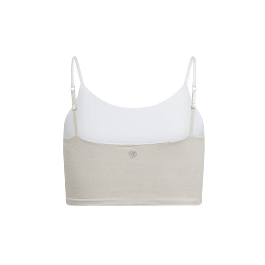 White-Dove#Back view of a beige crop top with white adjustable straps, displaying a small logo in the center.