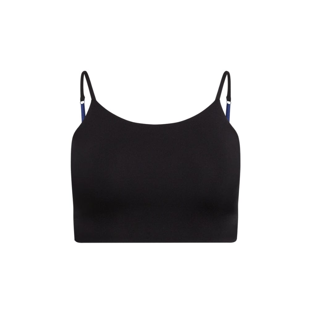 Black-Violet#Front view of a plain black crop top with blue adjustable straps.