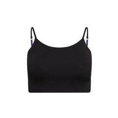 Black-Violet#Front view of a plain black crop top with blue adjustable straps.