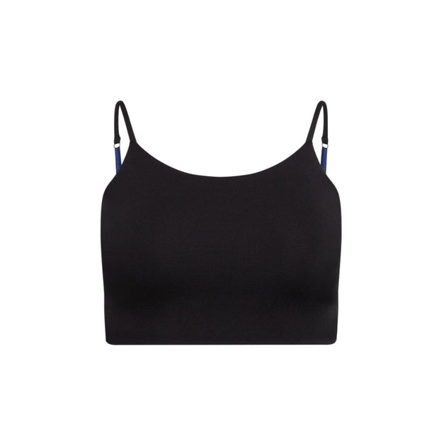 Black-Violet#Front view of a plain black crop top with blue adjustable straps.