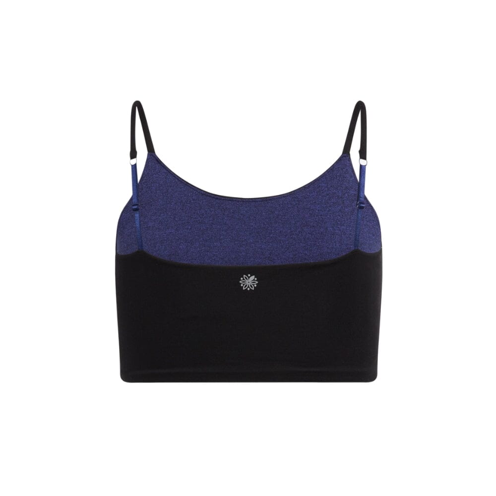 Black-Violet#Violet and black crop top with blue adjustable straps and a small logo in the center. Back view.