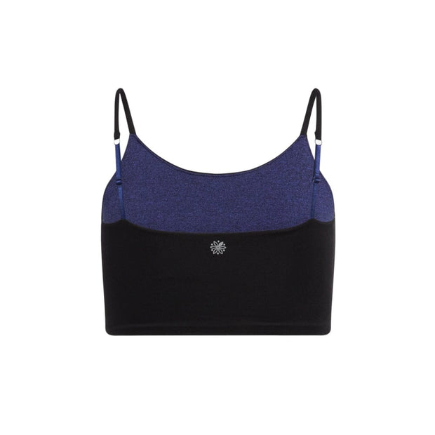 Black-Violet#Violet and black crop top with blue adjustable straps and a small logo in the center. Back view.
