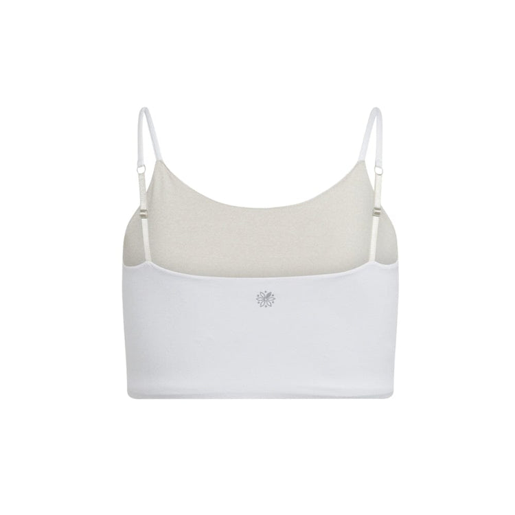 White-Dove#White crop top with beige inner lining and white adjustable straps, featuring a small logo in the center. Back view.