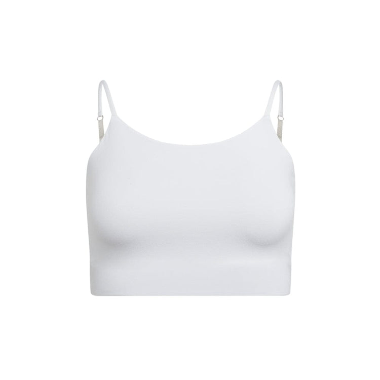 White-Dove#Front view of a plain white crop top with adjustable white straps.