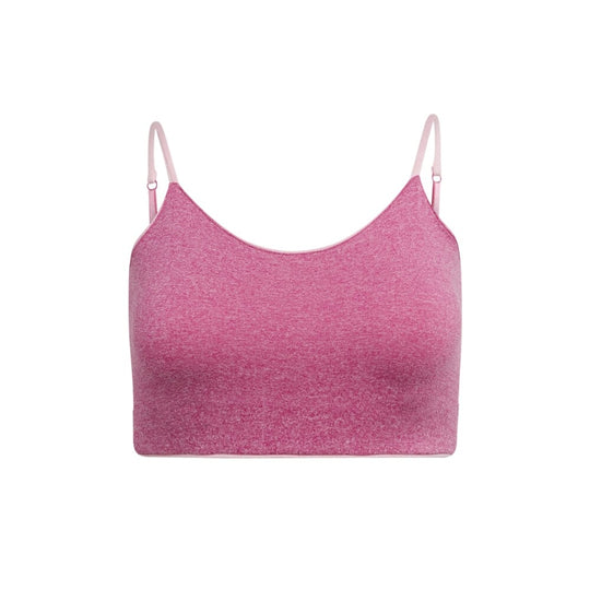 Pink-Magenta#A pink cami bra with adjustable straps, viewed from the front.