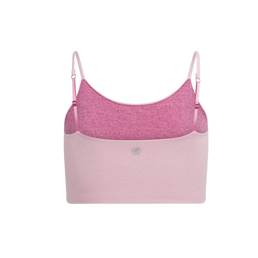 Pink-Magenta#A pink cami bra with adjustable straps and a darker pink inner layer, viewed from the back.