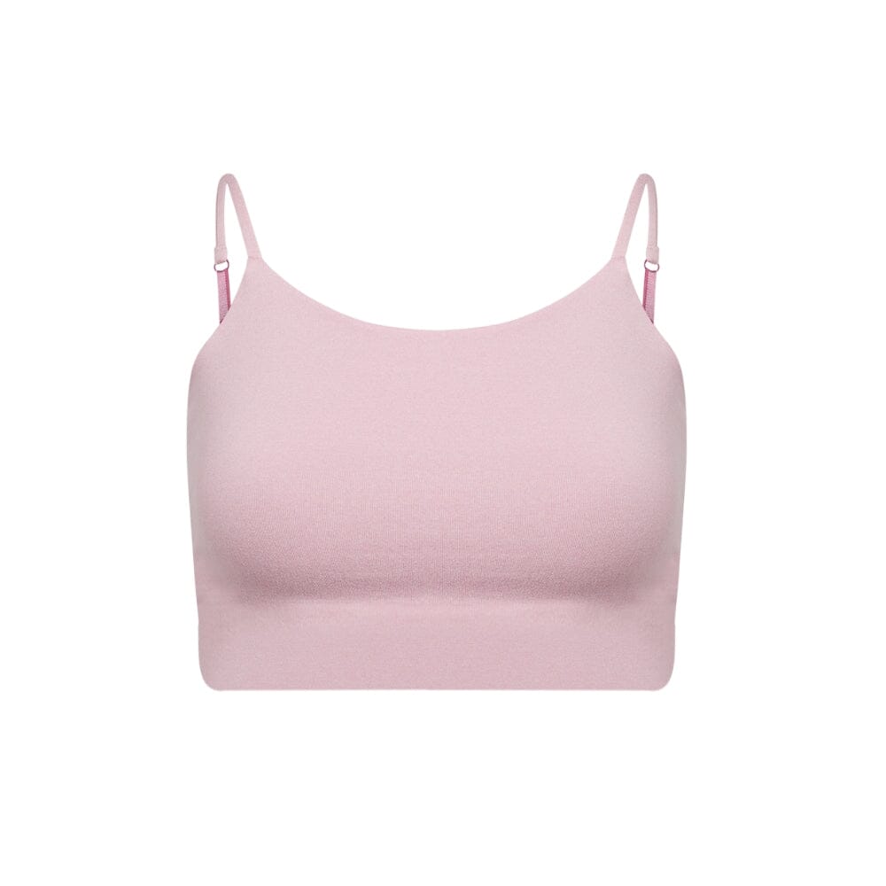 Pink-Magenta#A pink cami bra with adjustable straps, viewed from the front.