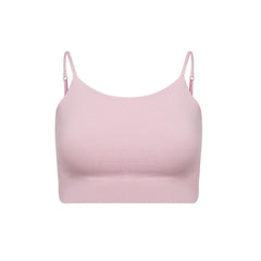 Pink-Magenta#A pink cami bra with adjustable straps, viewed from the front.