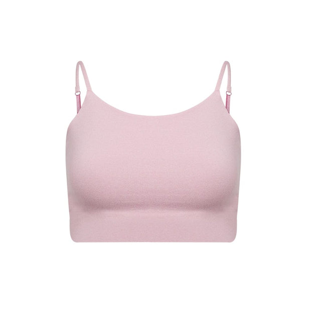 Pink-Magenta#A pink cami bra with adjustable straps, viewed from the front.