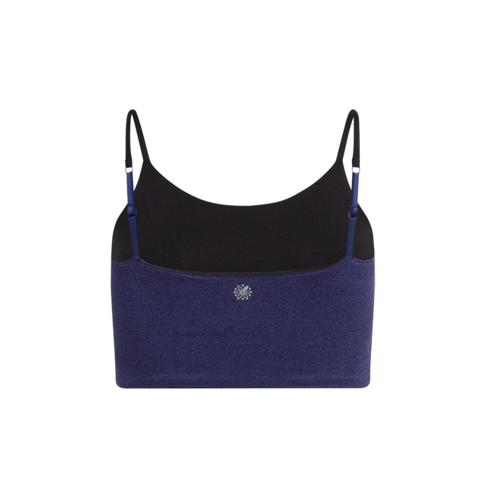Black-Violet#Back view of a violet crop top with black inner lining and black adjustable straps, featuring a small logo in the center.