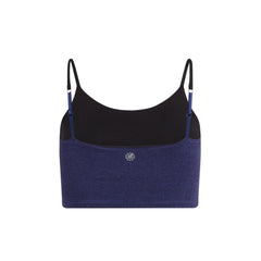 Black-Violet#Back view of a violet crop top with black inner lining and black adjustable straps, featuring a small logo in the center.