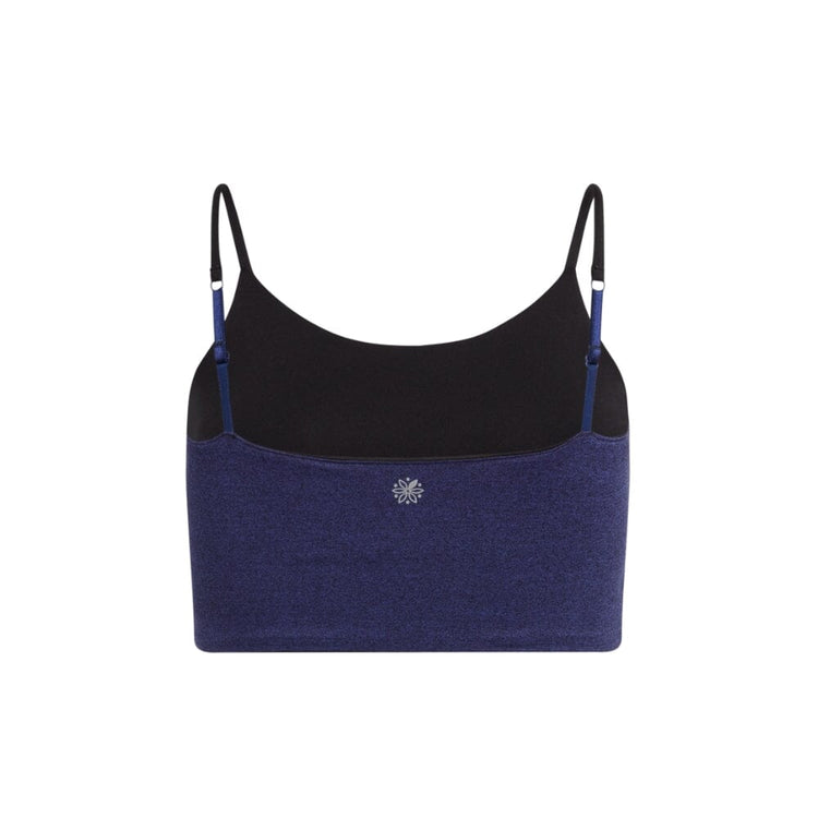 Black-Violet#Back view of a violet crop top with black inner lining and black adjustable straps, featuring a small logo in the center.