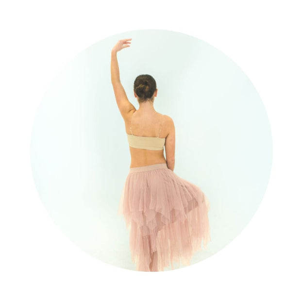 Clear#Chloe Strapless Bra Clear Straps from back in dance pose