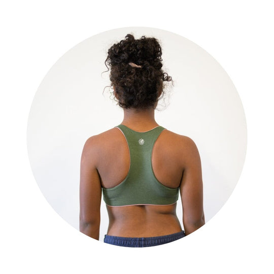 Rose-Moss#Teen girl back view of a green racerback bra sports bra