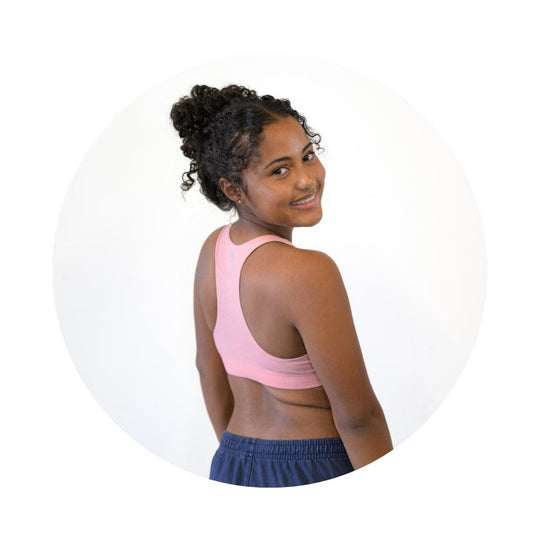 Rose-Moss#Back view of a rose racerback bra with a small white emblem in the center.