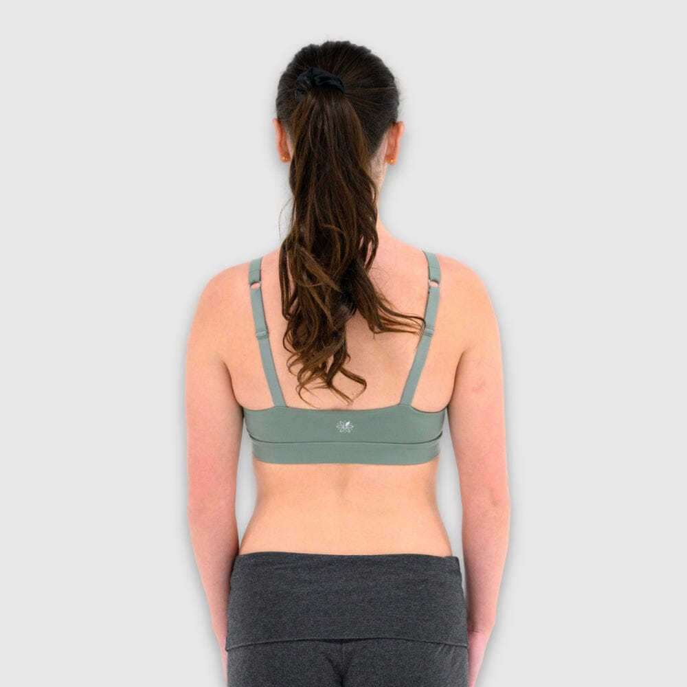 Sage#Girl in best teen sports bra in sage green from back