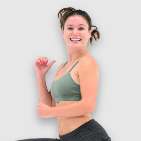 Sage#Girl in best teen sports bra in sage green from front
