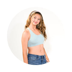Sand-Mist#A young girl with long blonde hair, wearing a mist green racerback bra