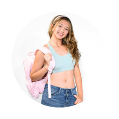 Sand-Mist#A young girl with long blonde hair, wearing a mist green racerback bra with backpack