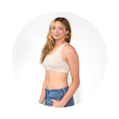 Sand-Mist#A young girl with long blonde hair, wearing a beige racerback bra