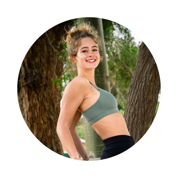 Sage#Girl in best teen sports bra in sage green from side